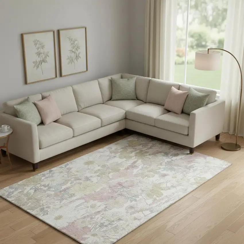 Ivory Beige And Linen Floral Washable Area Rug With UV Protection Photo 2