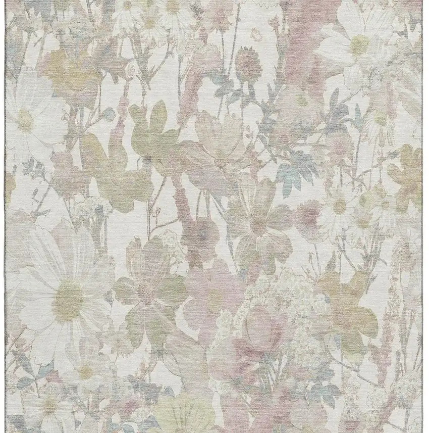 Ivory Beige And Linen Floral Washable Area Rug With UV Protection Photo 3