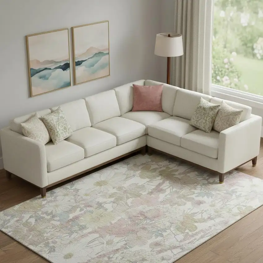 Ivory Beige And Linen Floral Washable Area Rug With UV Protection Photo 2