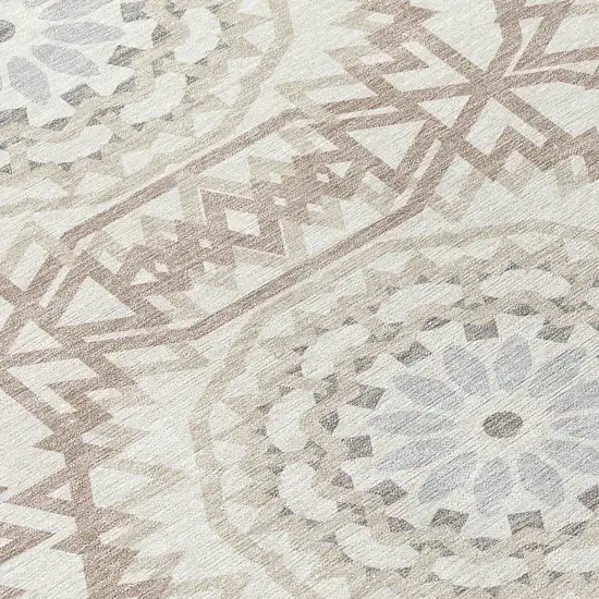 Ivory Beige And Silver Floral Medallion Washable Indoor Outdoor Area Rug Photo 5