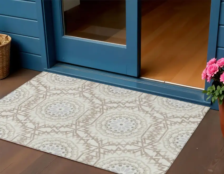 Ivory Beige And Silver Floral Medallion Washable Indoor Outdoor Area Rug Photo 1