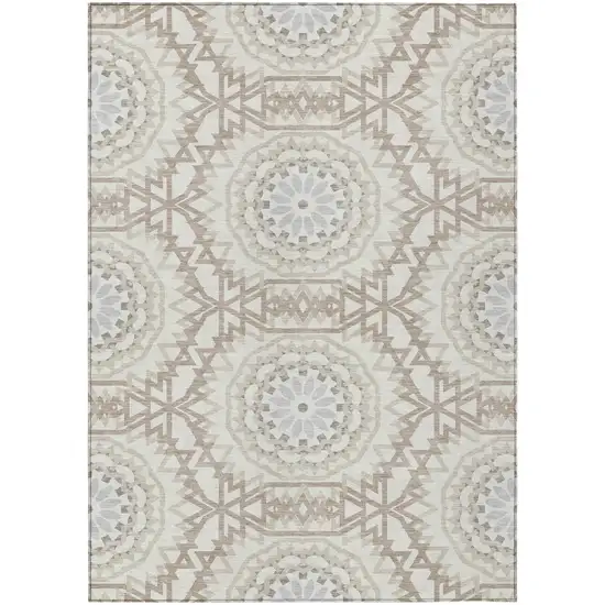 Ivory Beige And Silver Floral Medallion Washable Indoor Outdoor Area Rug Photo 2