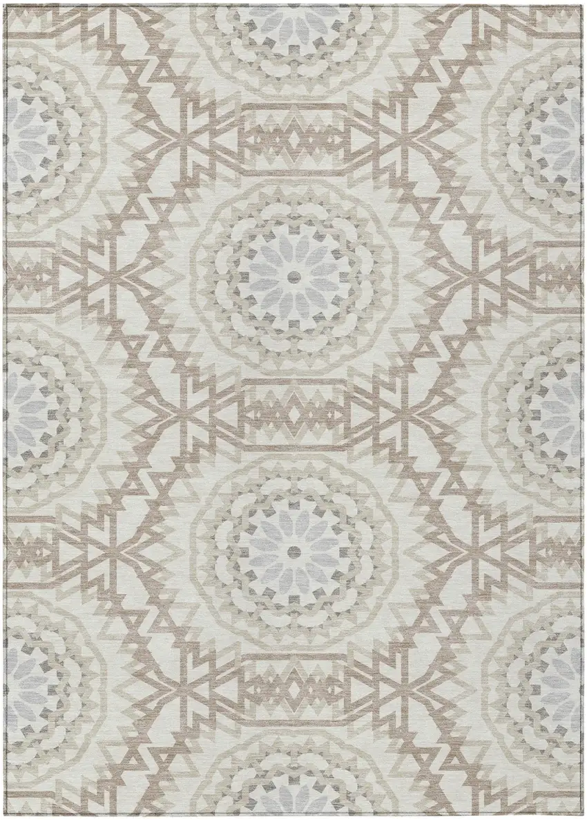 Ivory Beige And Silver Floral Medallion Washable Indoor Outdoor Area Rug Photo 2
