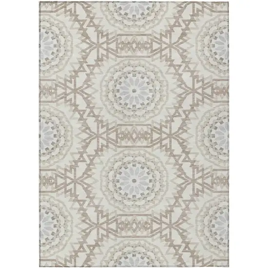 Ivory Beige And Silver Floral Medallion Washable Indoor Outdoor Area Rug Photo 2