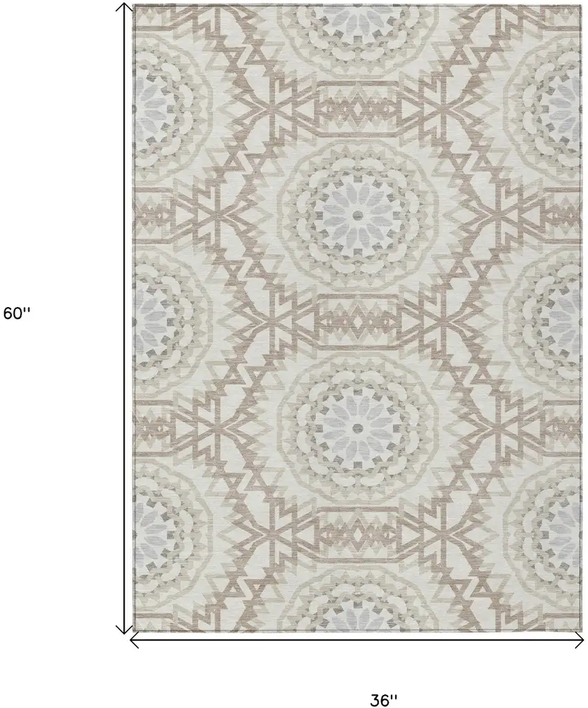 Ivory Beige And Silver Floral Medallion Washable Indoor Outdoor Area Rug Photo 3