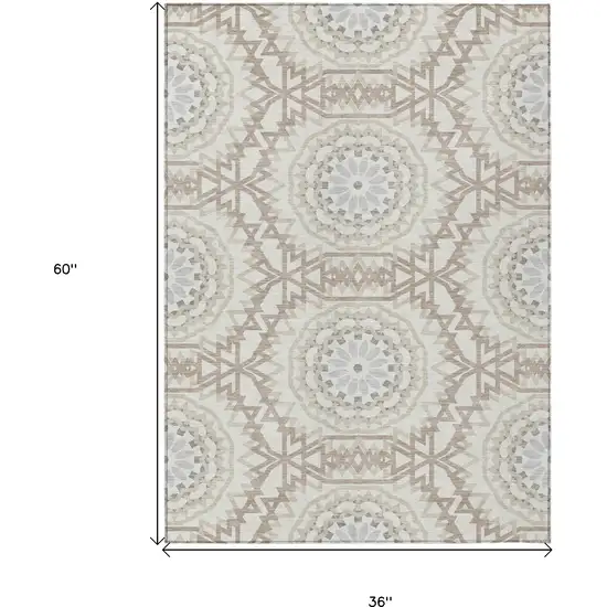 Ivory Beige And Silver Floral Medallion Washable Indoor Outdoor Area Rug Photo 3