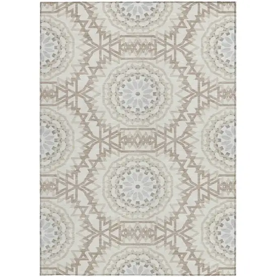 Ivory Beige And Silver Floral Medallion Washable Indoor Outdoor Area Rug Photo 6