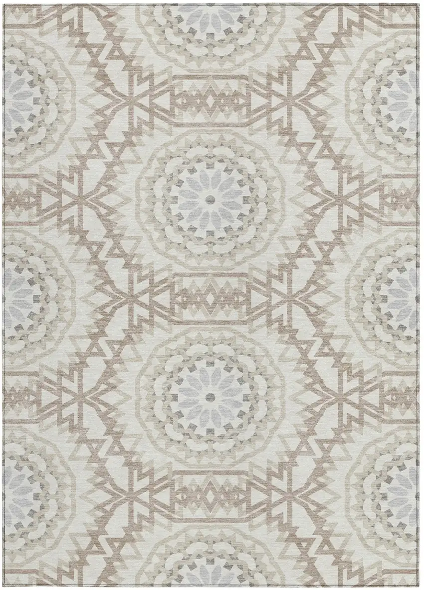Ivory Beige And Silver Floral Medallion Washable Indoor Outdoor Area Rug Photo 6