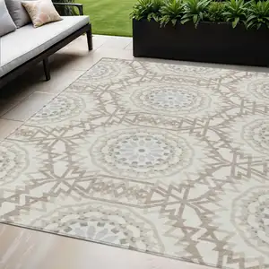 Photo of Ivory Beige And Silver Floral Medallion Washable Indoor Outdoor Area Rug
