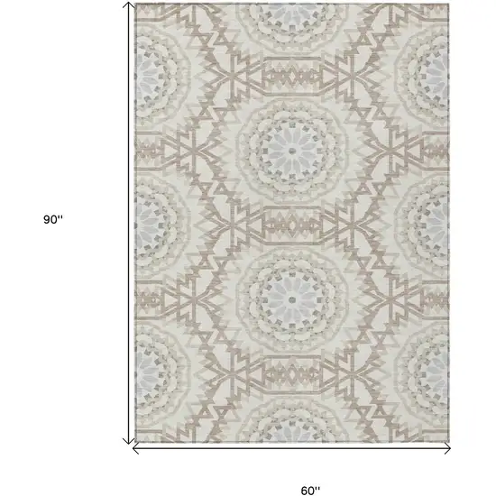 Ivory Beige And Silver Floral Medallion Washable Indoor Outdoor Area Rug Photo 3