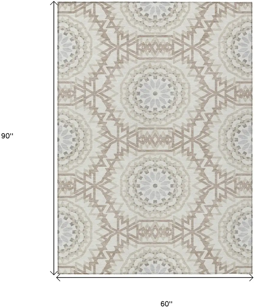 Ivory Beige And Silver Floral Medallion Washable Indoor Outdoor Area Rug Photo 3