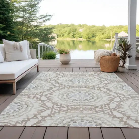 Ivory Beige And Silver Floral Medallion Washable Indoor Outdoor Area Rug Photo 9