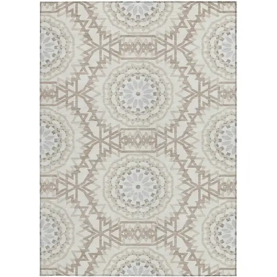 Ivory Beige And Silver Floral Medallion Washable Indoor Outdoor Area Rug Photo 6
