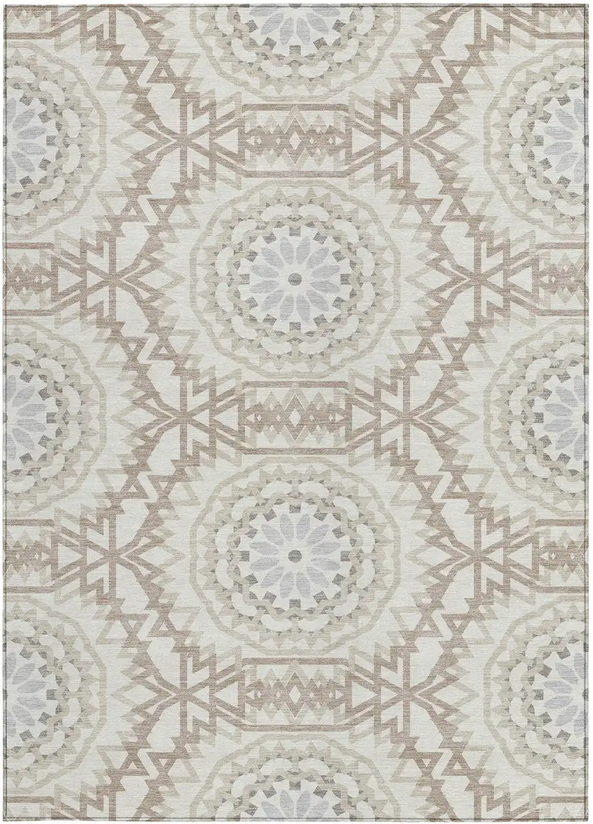 Ivory Beige And Silver Floral Medallion Washable Indoor Outdoor Area Rug Photo 6