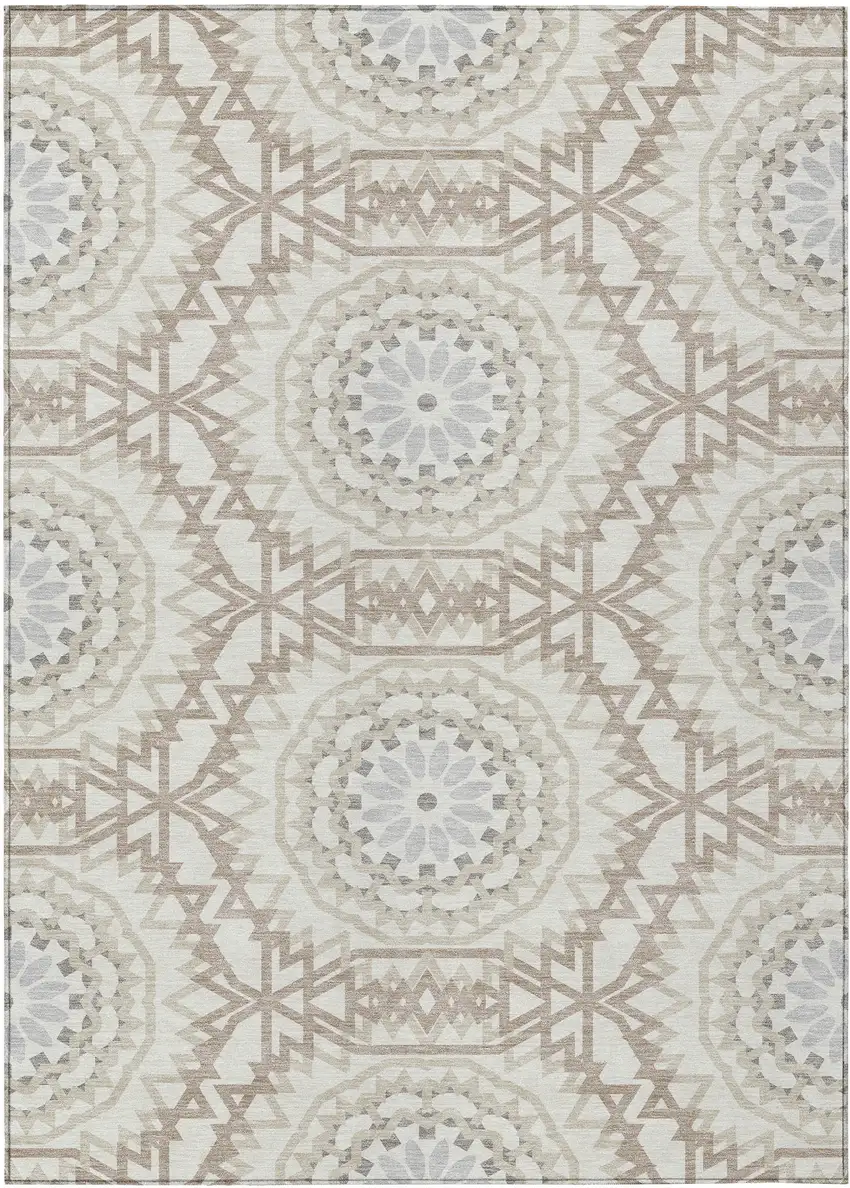 Ivory Beige And Silver Floral Medallion Washable Indoor Outdoor Area Rug Photo 2