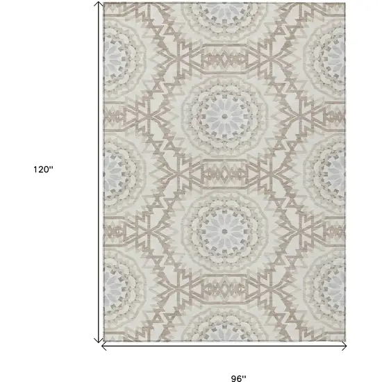 Ivory Beige And Silver Floral Medallion Washable Indoor Outdoor Area Rug Photo 3