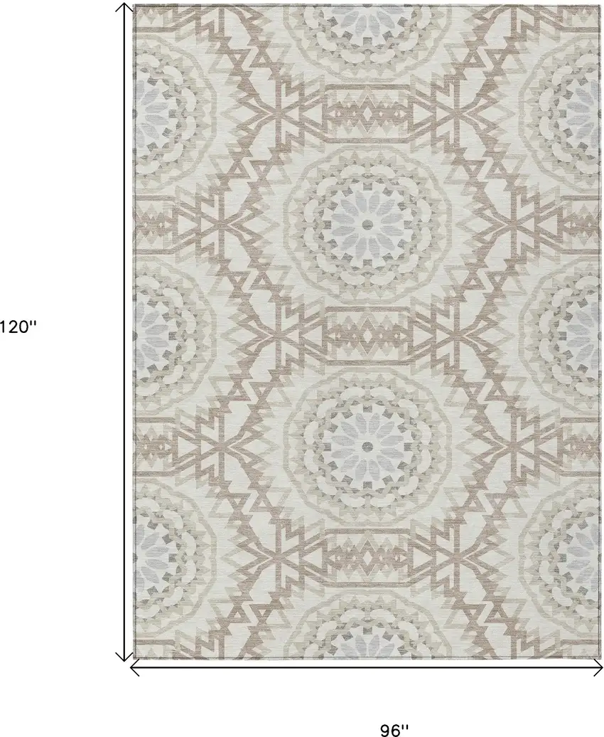 Ivory Beige And Silver Floral Medallion Washable Indoor Outdoor Area Rug Photo 3