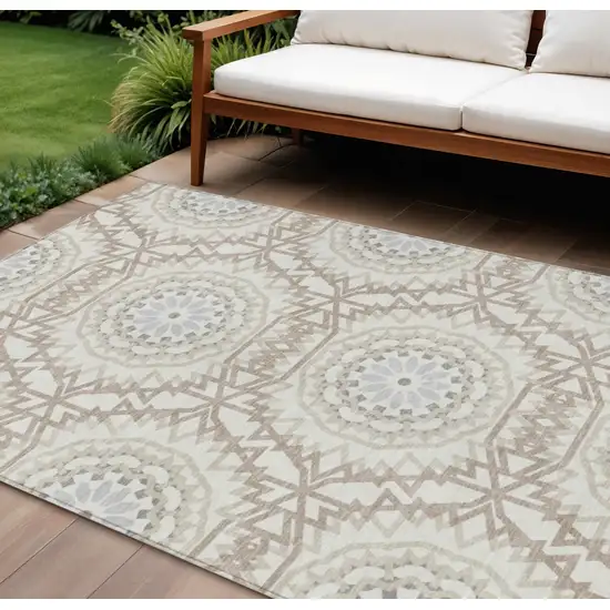 Ivory Beige And Silver Floral Medallion Washable Indoor Outdoor Area Rug Photo 1