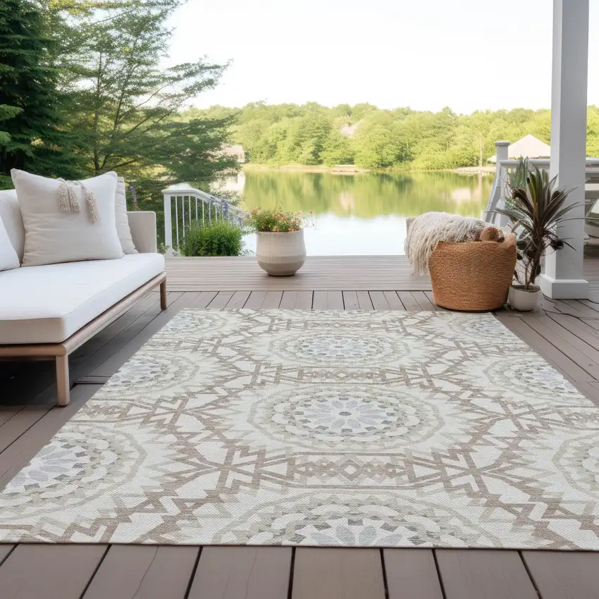 Ivory Beige And Silver Floral Medallion Washable Indoor Outdoor Area Rug Photo 9