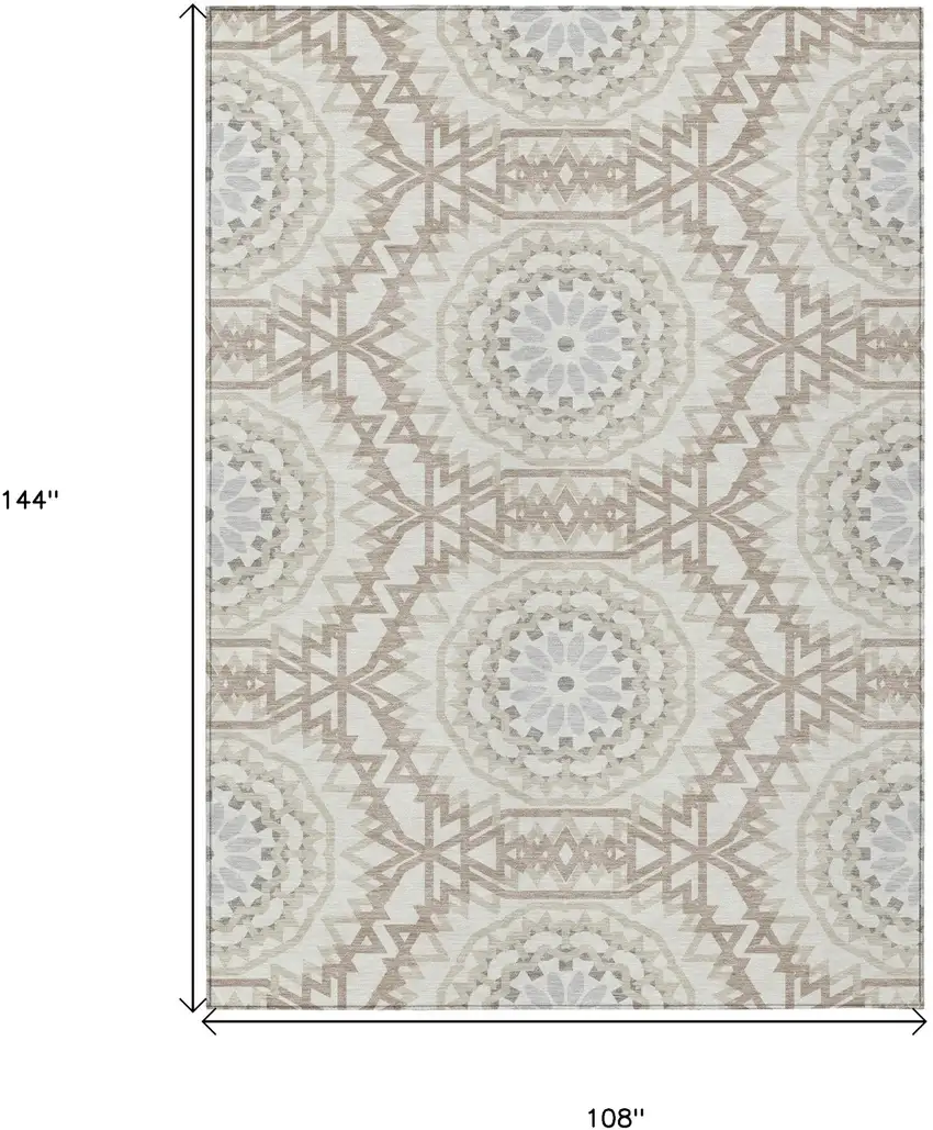 Ivory Beige And Silver Floral Medallion Washable Indoor Outdoor Area Rug Photo 3