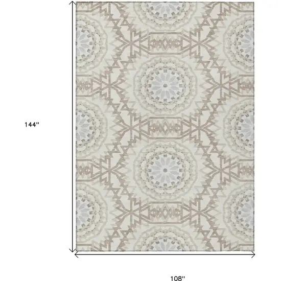 Ivory Beige And Silver Floral Medallion Washable Indoor Outdoor Area Rug Photo 3