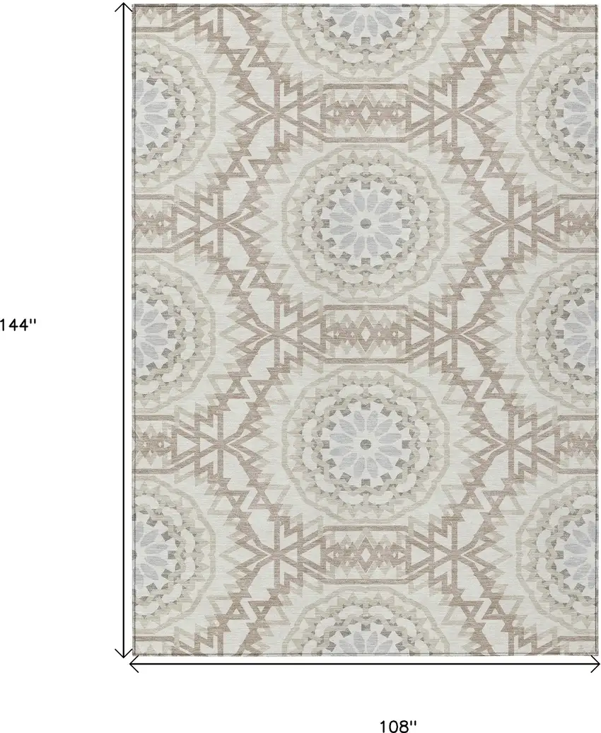 Ivory Beige And Silver Floral Medallion Washable Indoor Outdoor Area Rug Photo 3