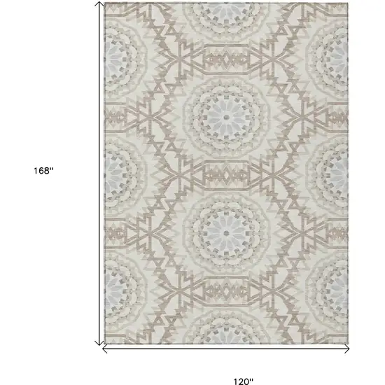 Ivory Beige And Silver Floral Medallion Washable Indoor Outdoor Area Rug Photo 3