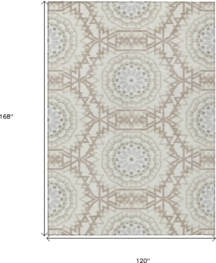 Ivory Beige And Silver Floral Medallion Washable Indoor Outdoor Area Rug Photo 3