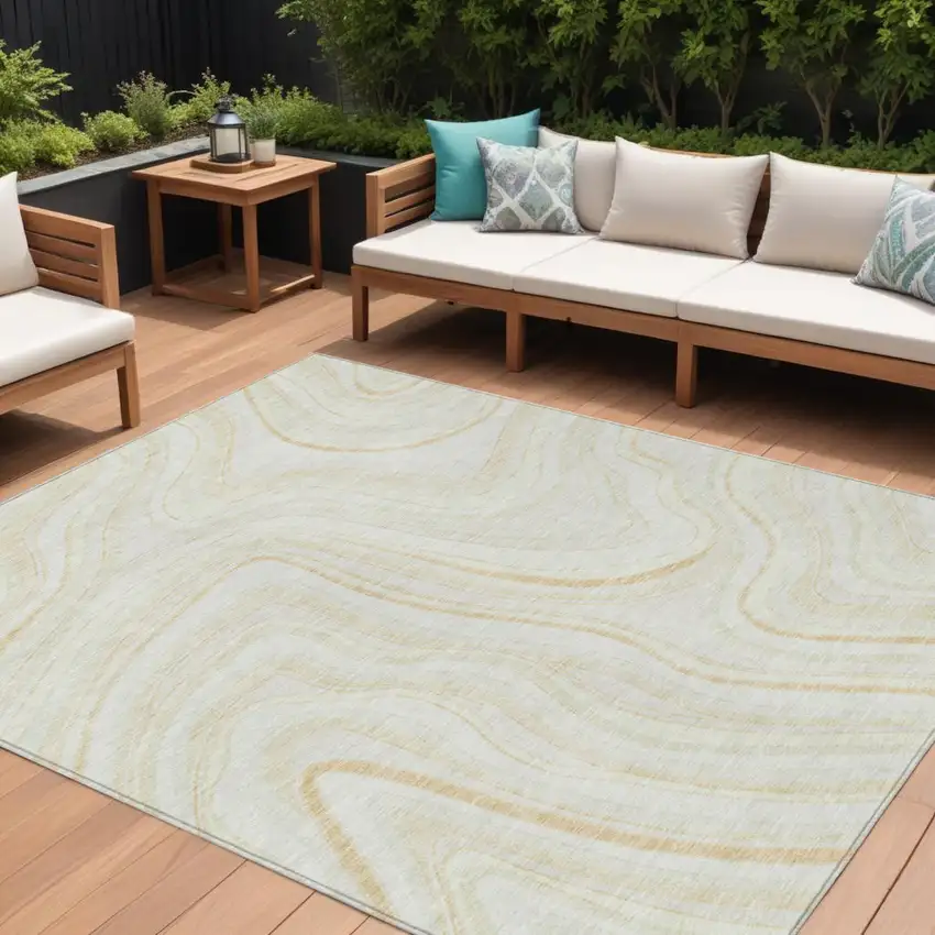 Ivory Beige And Tan Abstract Washable Indoor Outdoor Area Rug Photo 1