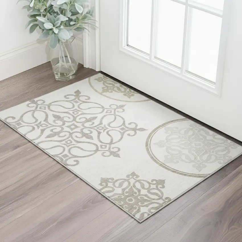 Ivory Beige And Tan Floral Medallion Washable Area Rug With UV Protection Photo 2