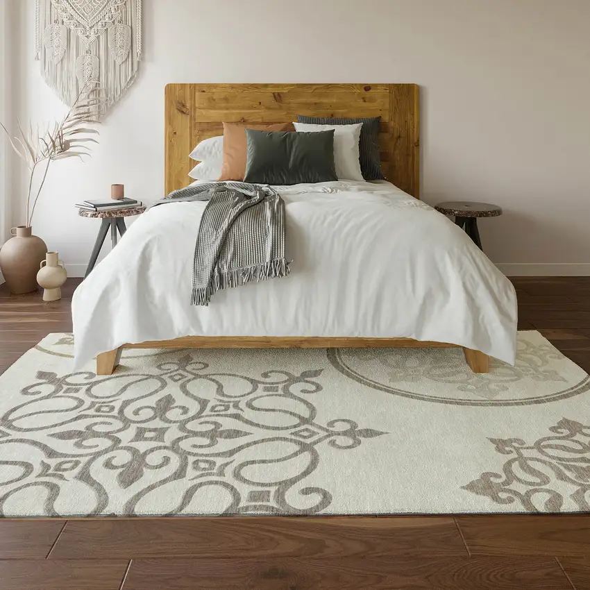 Ivory Beige And Tan Floral Medallion Washable Area Rug With UV Protection Photo 6