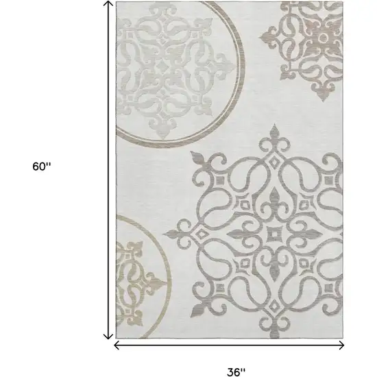 Ivory Beige And Tan Floral Medallion Washable Area Rug With UV Protection Photo 3