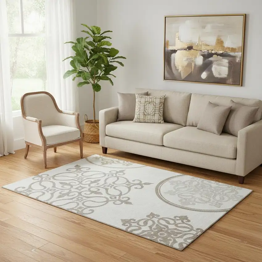 Ivory Beige And Tan Floral Medallion Washable Area Rug With UV Protection Photo 1