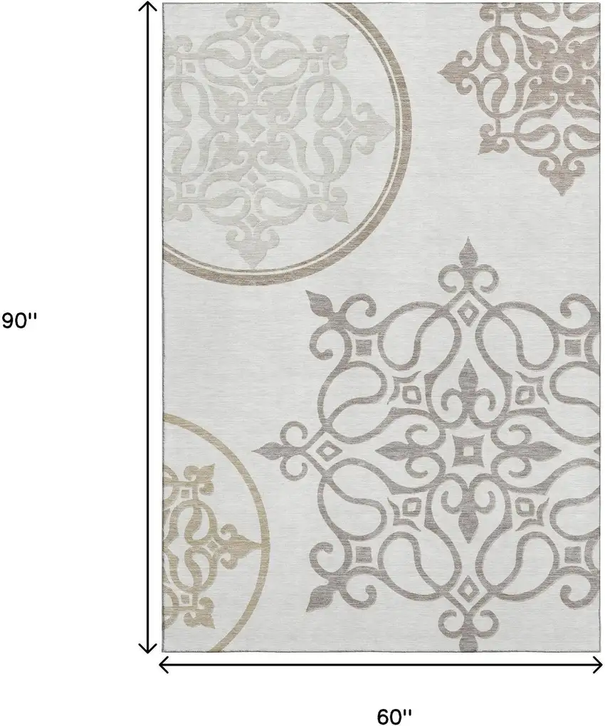Ivory Beige And Tan Floral Medallion Washable Area Rug With UV Protection Photo 8
