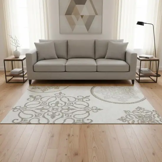 Ivory Beige And Tan Floral Medallion Washable Area Rug With UV Protection Photo 2