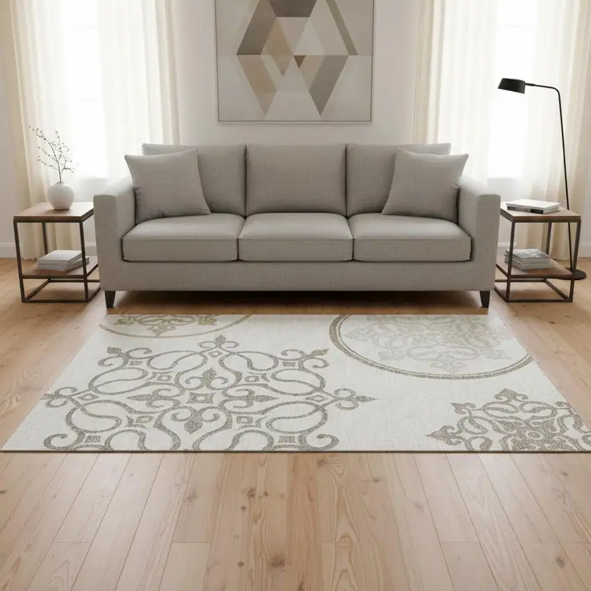 Ivory Beige And Tan Floral Medallion Washable Area Rug With UV Protection Photo 2