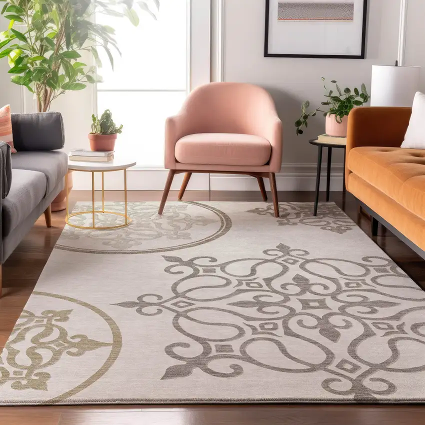 Ivory Beige And Tan Floral Medallion Washable Area Rug With UV Protection Photo 5