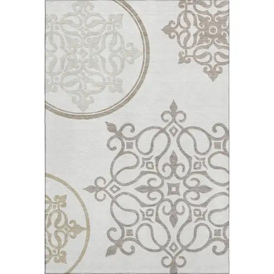 Ivory Beige And Tan Floral Medallion Washable Area Rug With UV Protection Photo 1