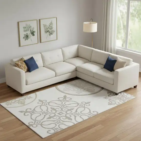 Ivory Beige And Tan Floral Medallion Washable Area Rug With UV Protection Photo 1