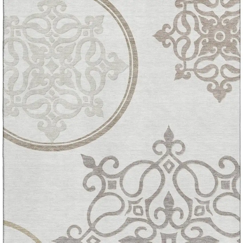 Ivory Beige And Tan Floral Medallion Washable Area Rug With UV Protection Photo 4