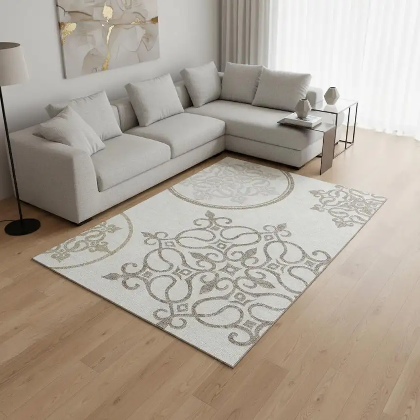 Ivory Beige And Tan Floral Medallion Washable Area Rug With UV Protection Photo 2