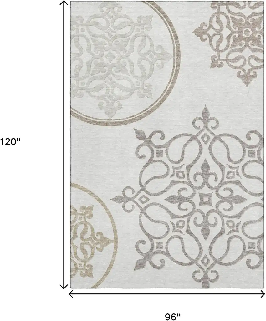 Ivory Beige And Tan Floral Medallion Washable Area Rug With UV Protection Photo 9