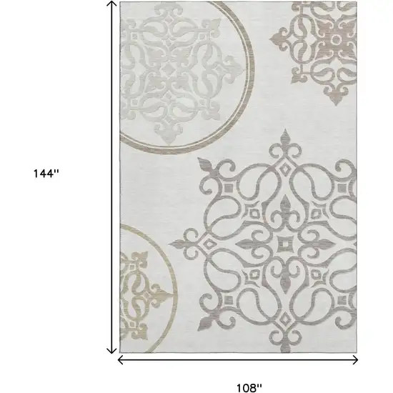 Ivory Beige And Tan Floral Medallion Washable Area Rug With UV Protection Photo 9