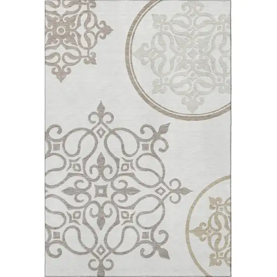 Ivory Beige And Tan Floral Medallion Washable Area Rug With UV Protection Photo 4