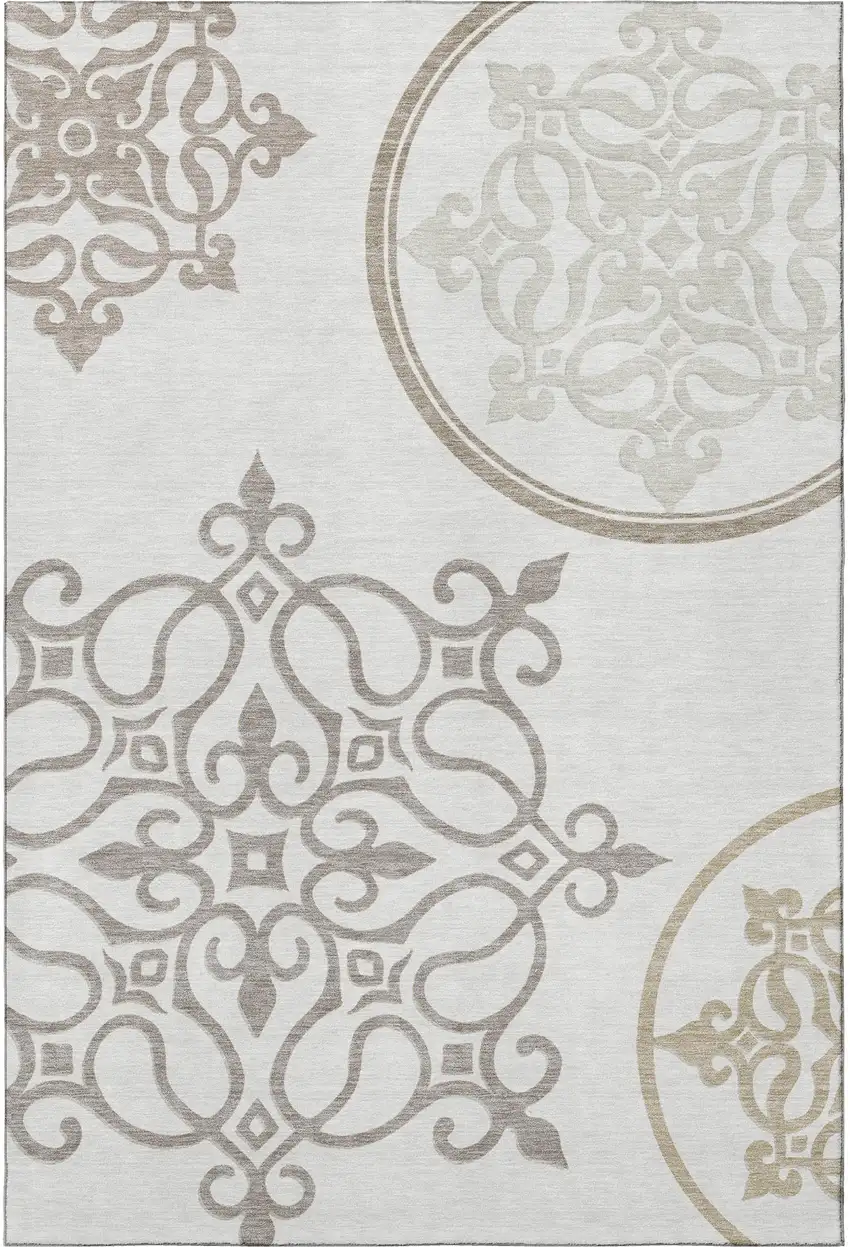Ivory Beige And Tan Floral Medallion Washable Area Rug With UV Protection Photo 4