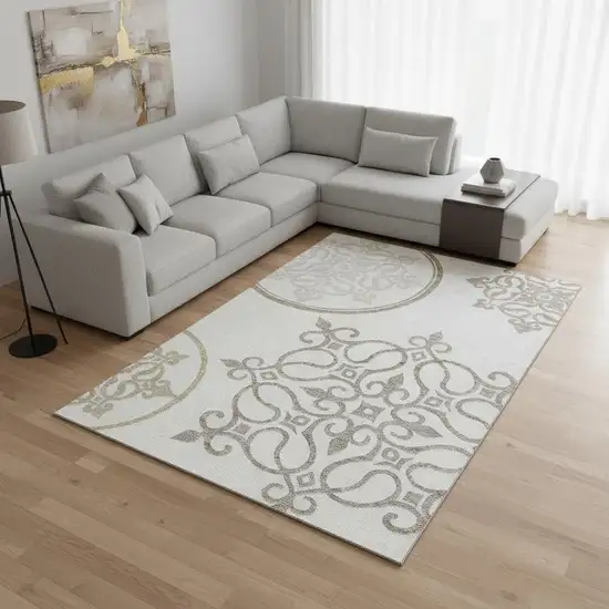 Ivory Beige And Tan Floral Medallion Washable Area Rug With UV Protection Photo 2