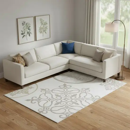 Ivory Beige And Tan Floral Medallion Washable Area Rug With UV Protection Photo 1