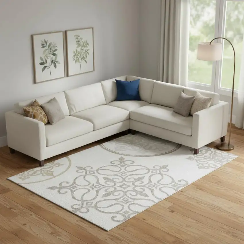 Ivory Beige And Tan Floral Medallion Washable Area Rug With UV Protection Photo 1