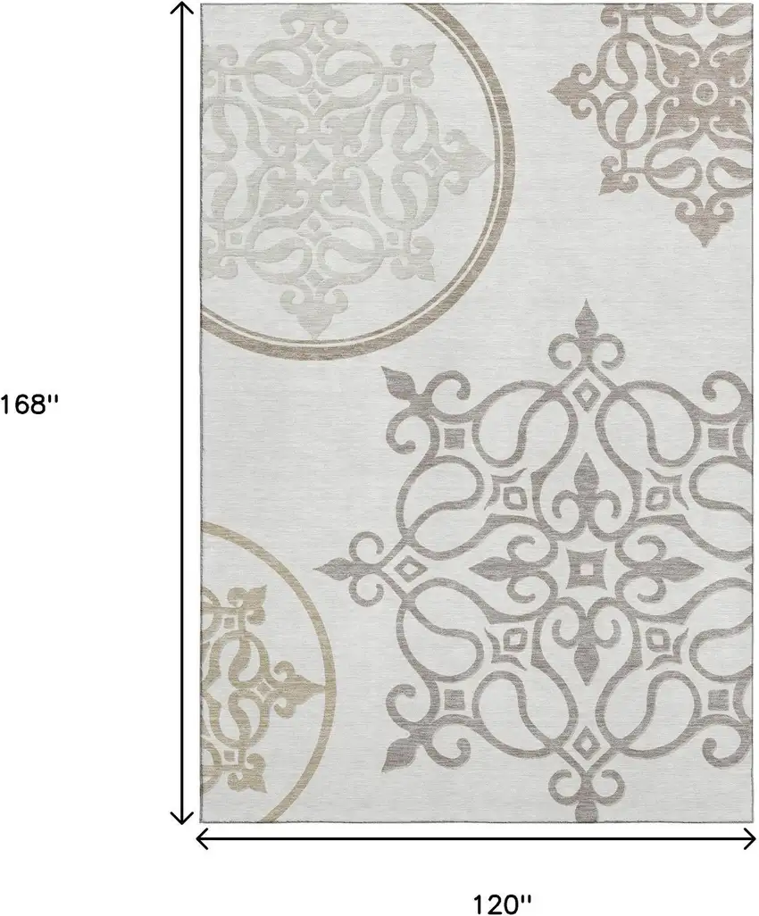 Ivory Beige And Tan Floral Medallion Washable Area Rug With UV Protection Photo 9