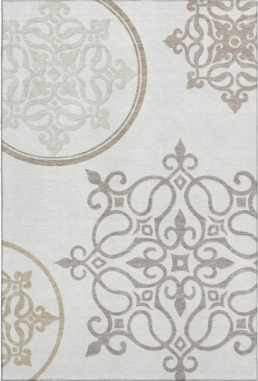 Ivory Beige And Tan Floral Medallion Washable Area Rug With UV Protection Photo 1